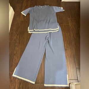 Women’s Blue Top and Pant Set with White Trim